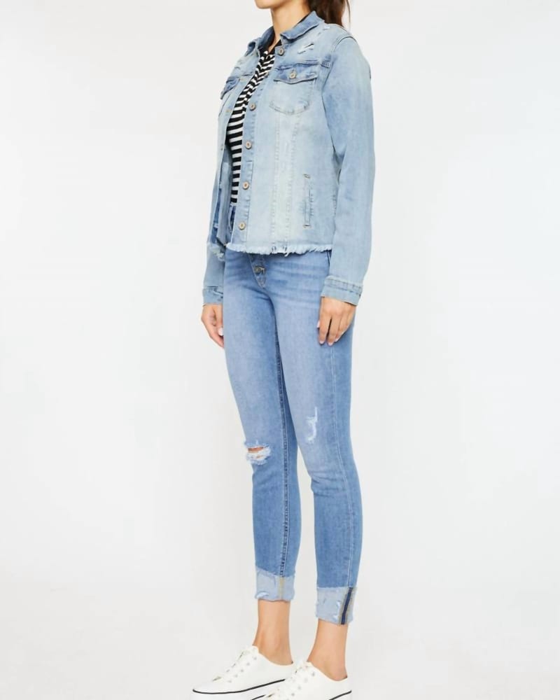 Front of a model wearing a size XXXL Frayed Hem Trucker Jacket in Medium Stone Wash in Medium Stone Wash by KanCan. | dia_product_style_image_id:326145